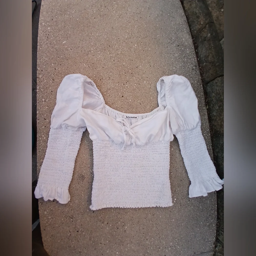 Reformation Cream Smocked Puff Sleeve Blouse